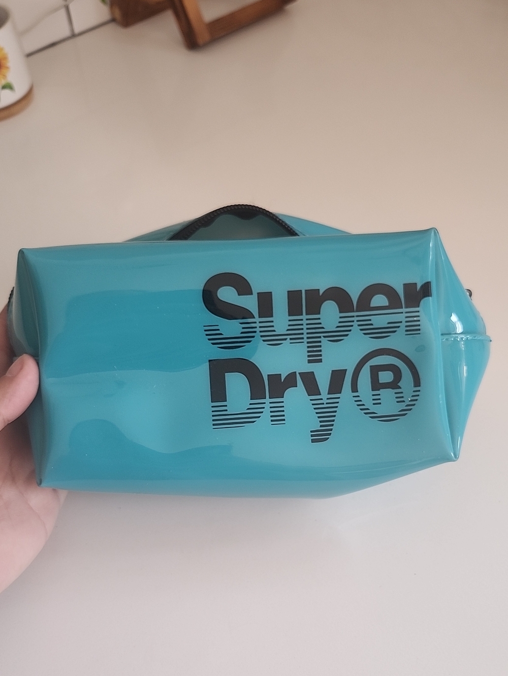 Superdry Teal Gloss Toiletry Bag with Bold Black Logo
